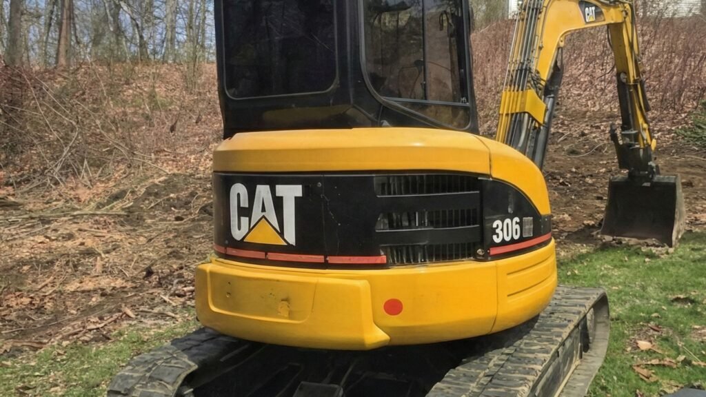 Compact tracked excavator positioned on a residential lawn during excavation work