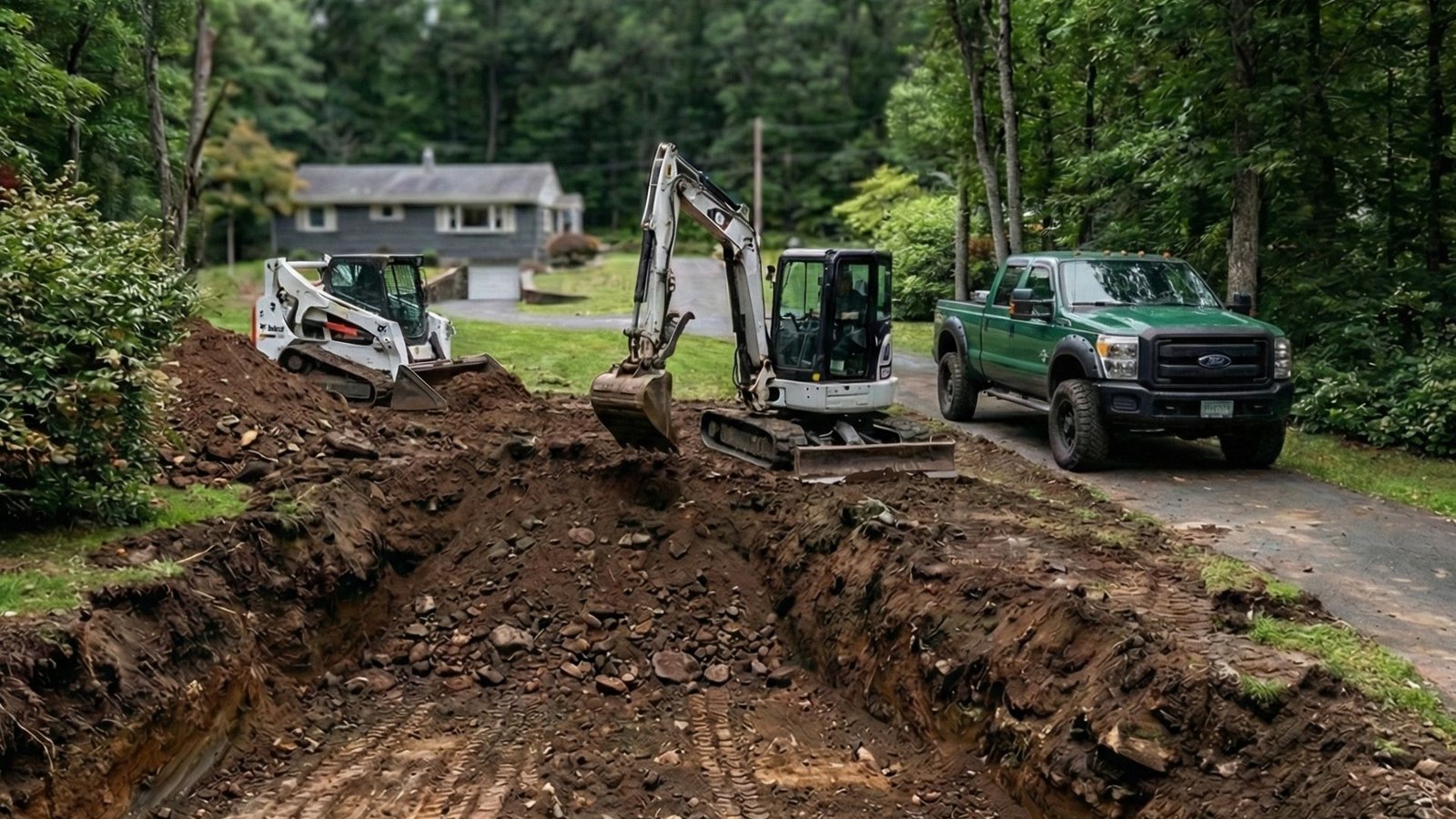 Excavation crew digging large residential trench with skid steer and mini excavator in Connecticut