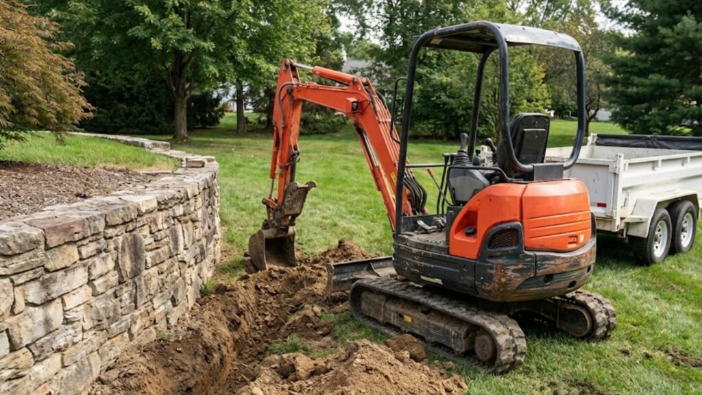 Compact excavator digging drainage trench alongside stone retaining wall