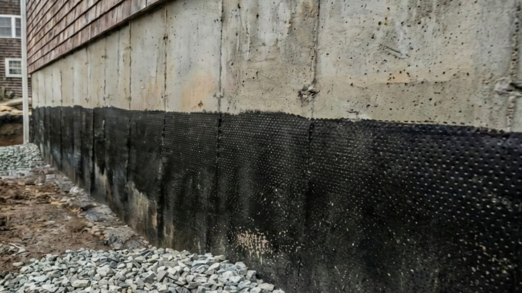 Residential foundation wall with waterproofing membrane and gravel drainage system