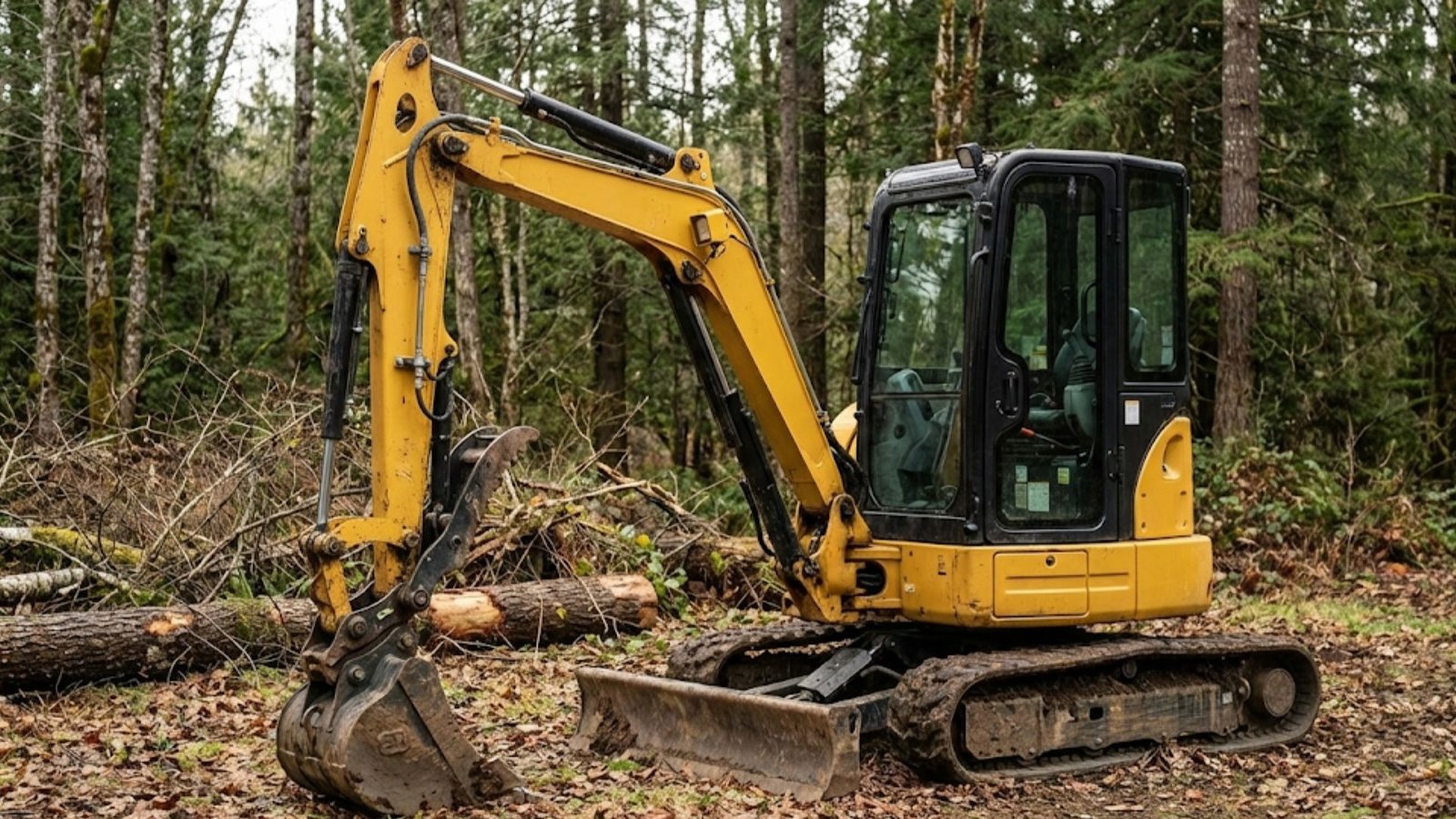 Compact excavator moving logs and clearing brush in a wooded residential area