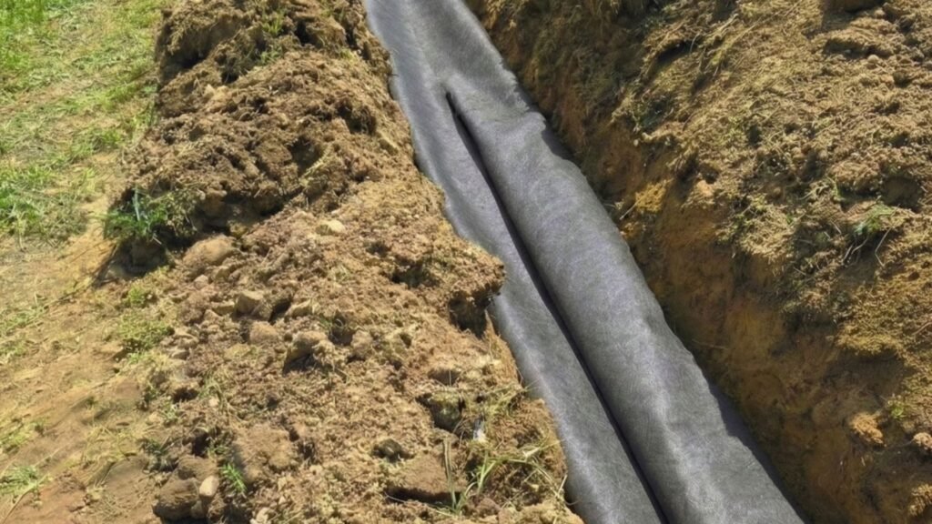 Geotextile fabric installed inside a residential drainage trench before backfill