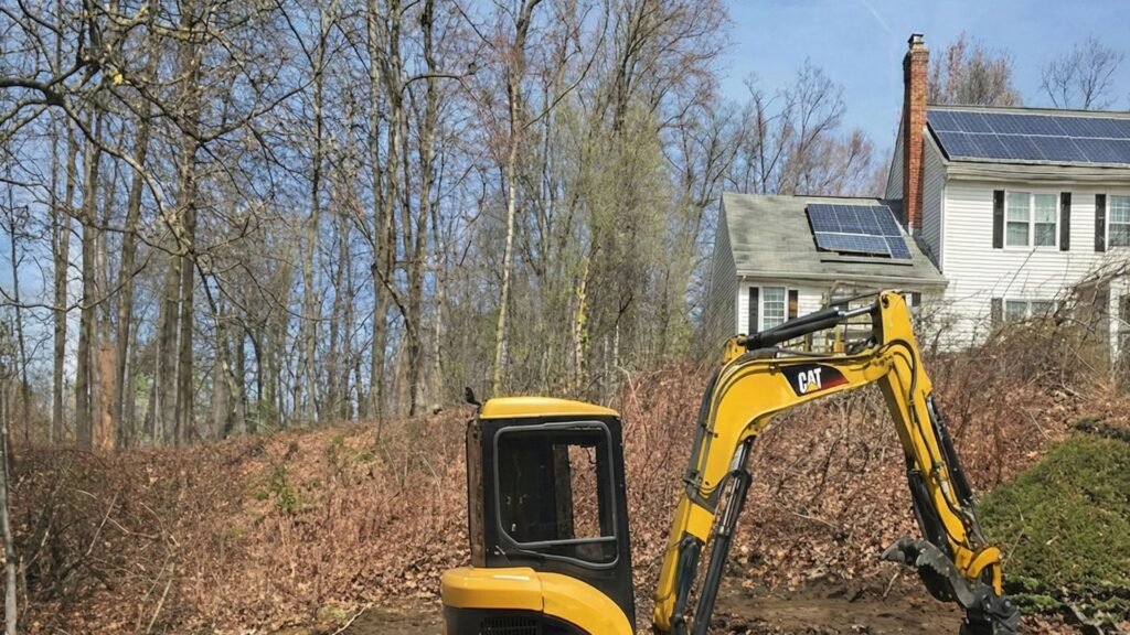 Compact excavator working on residential yard excavation near a wooded property