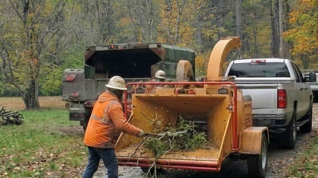 Tree service crew feeding storm debris into wood chipper during cleanup
