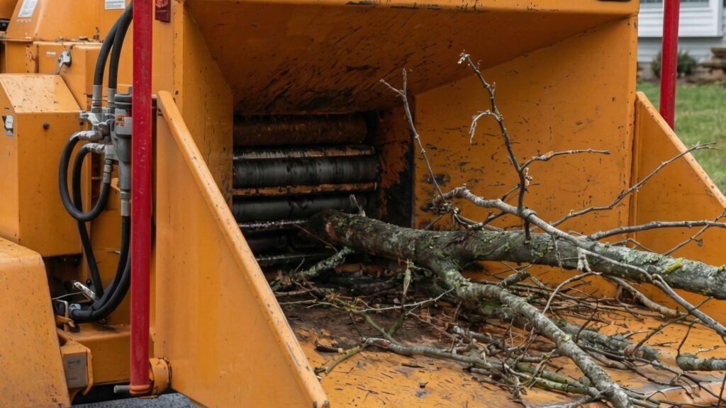Wood chipper processing tree branches during residential tree removal cleanup