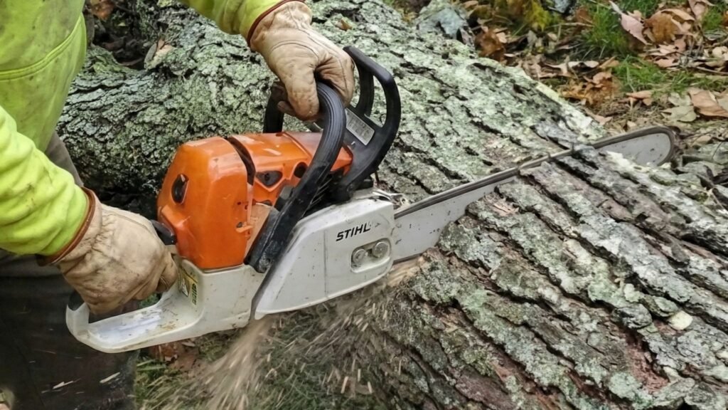 Chainsaw cutting through fallen tree trunk during residential tree removal