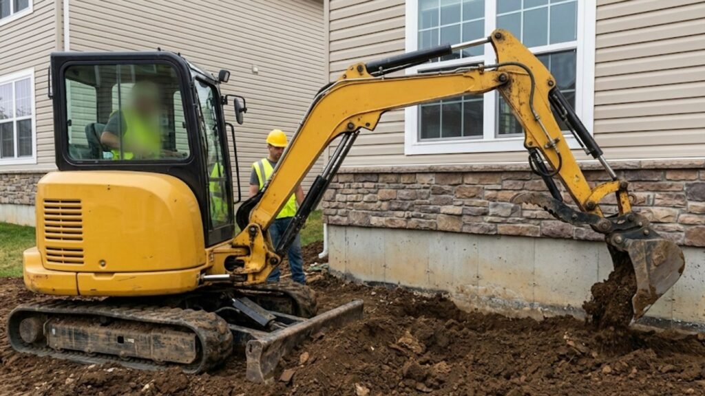 Compact excavator performing foundation excavation beside residential home