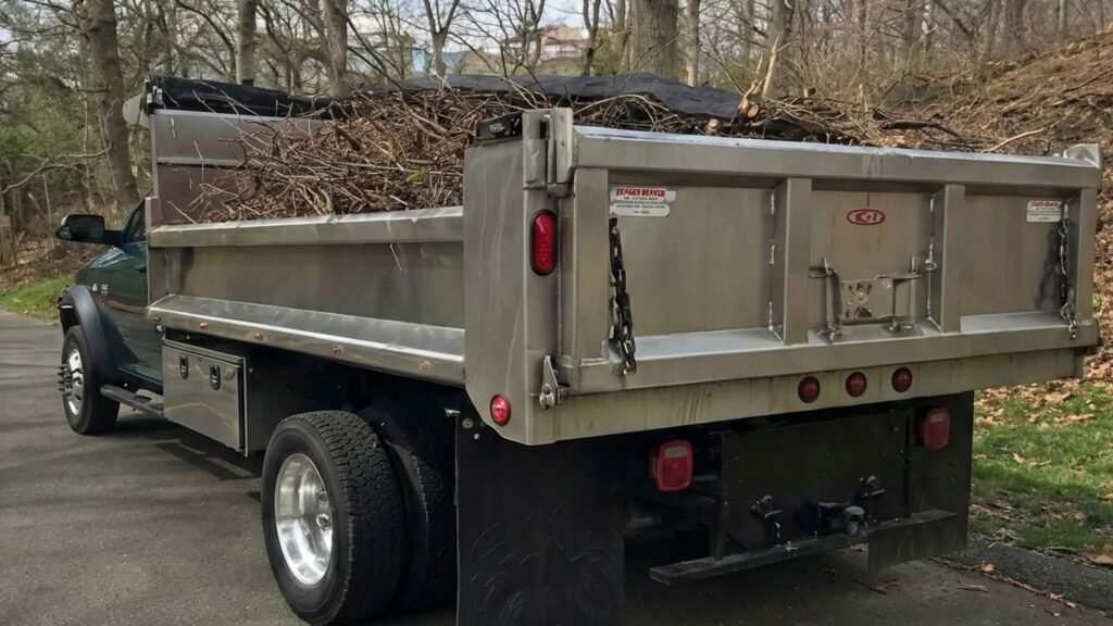 Dump truck loaded with brush and soil removed from a residential excavation site