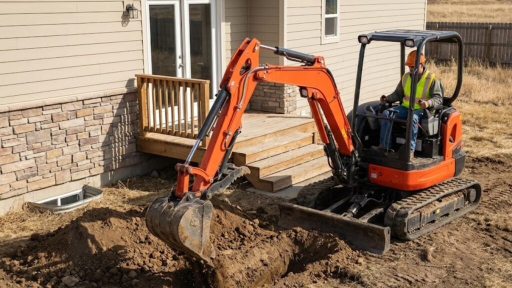 Mini excavator digging a drainage trench beside a residential foundation