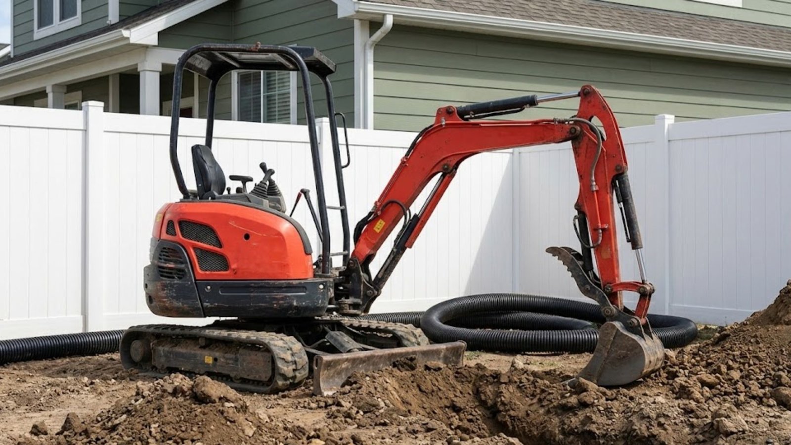 Compact excavator digging a trench with drainage pipe staged in a residential yard