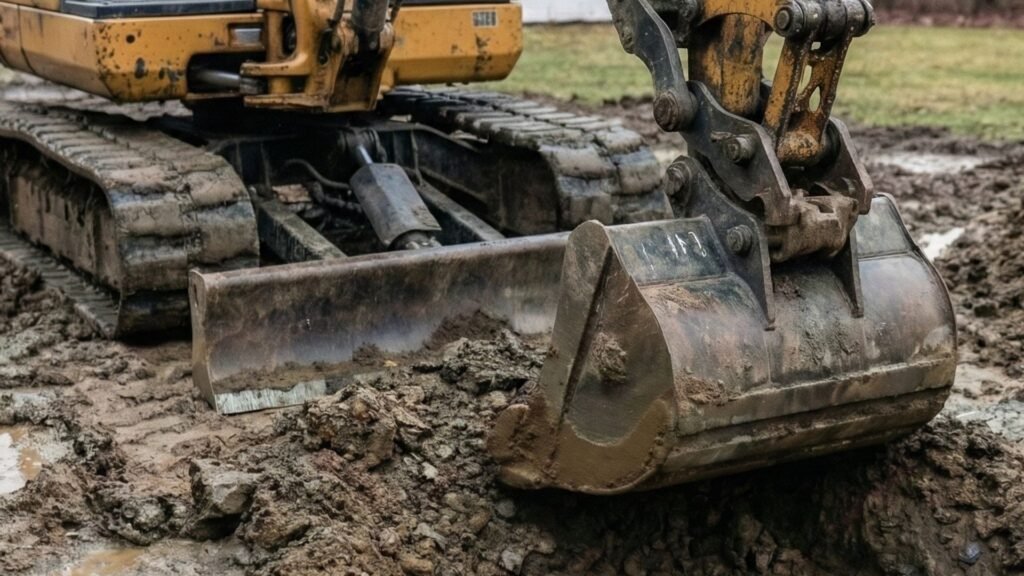 Excavator digging foundation drainage trench in muddy residential yard