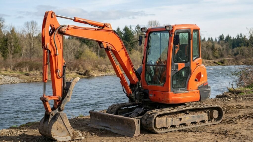 Compact excavator positioned along a riverbank performing excavation work