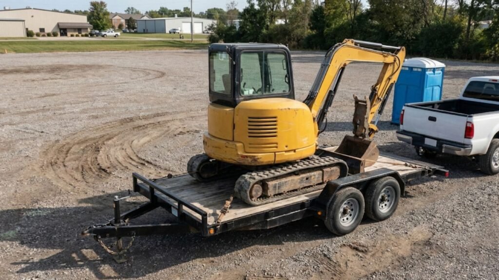 Compact excavator loaded on a trailer at a residential excavation jobsite
