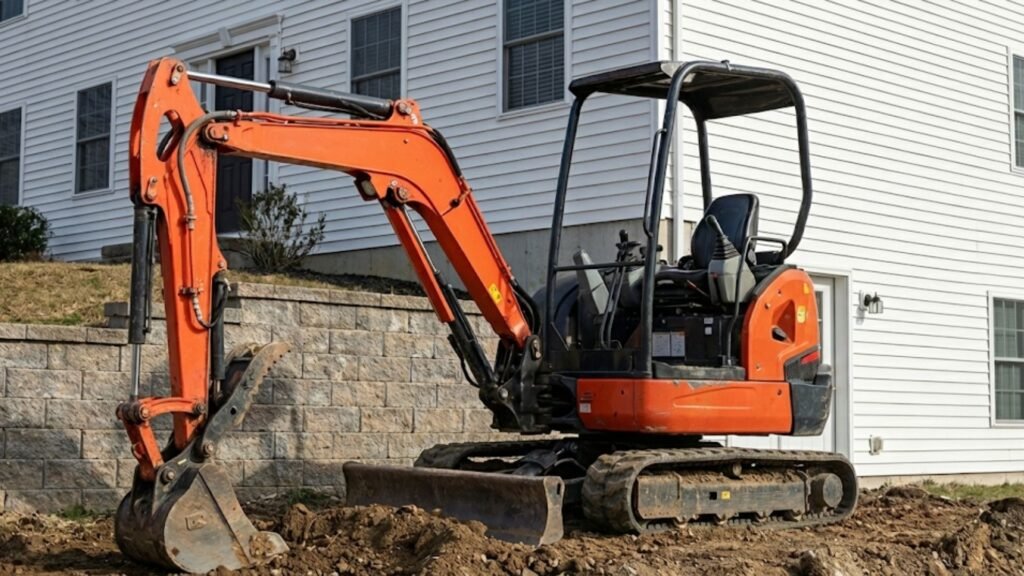 Compact excavator performing earthwork near a residential retaining wall and home