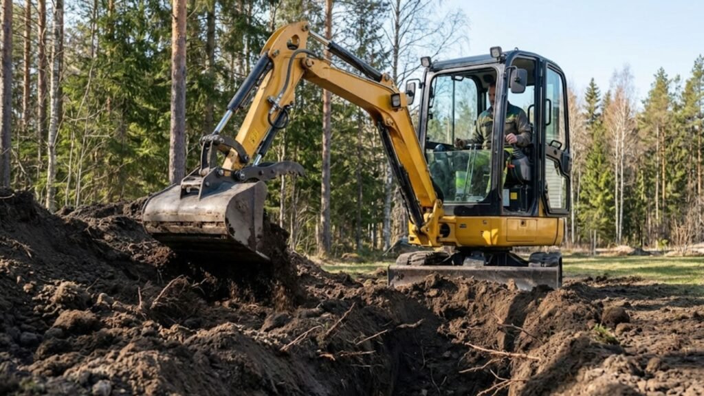 Compact excavator performing residential land excavation and soil preparation