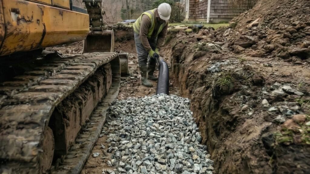Contractor installing perforated drain pipe in gravel trench along foundation
