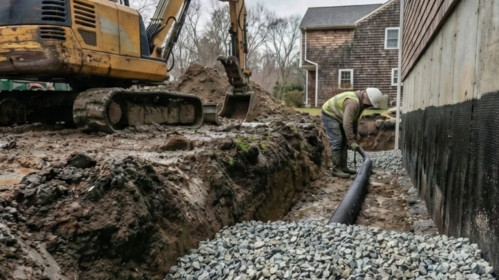 Worker installing perforated drainage pipe in gravel trench beside home foundation