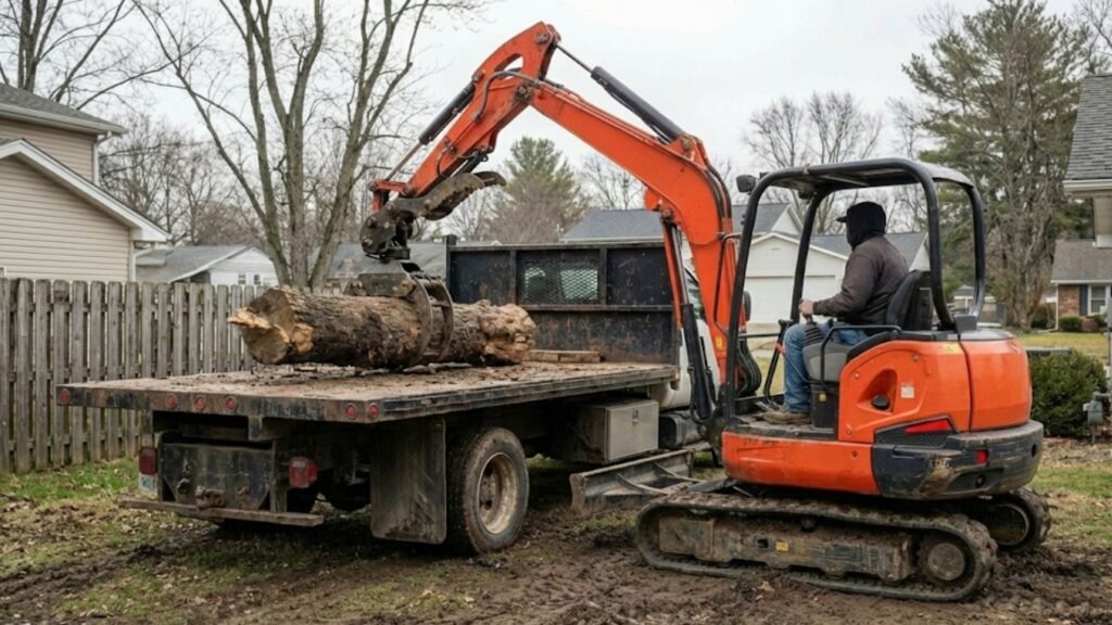 Compact excavator loading large logs onto a flatbed truck at a residential property