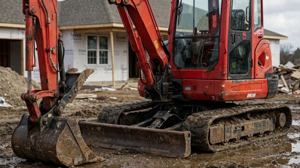 Compact excavator positioned on muddy ground at a residential construction site