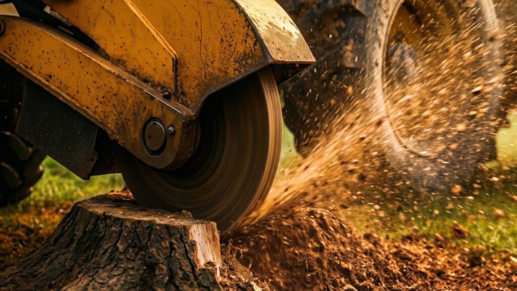 Man operating track stump grinder on residential lawn