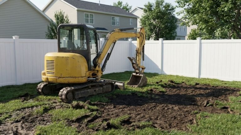 Compact excavator leveling soil in a residential backyard