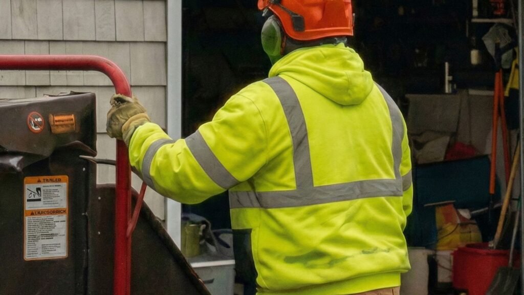 Tree removal technician operating equipment near garage after storm