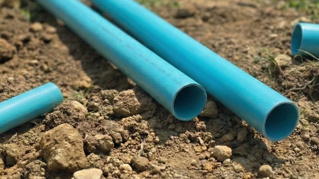 Blue drainage pipe sections prepared for residential trench installation
