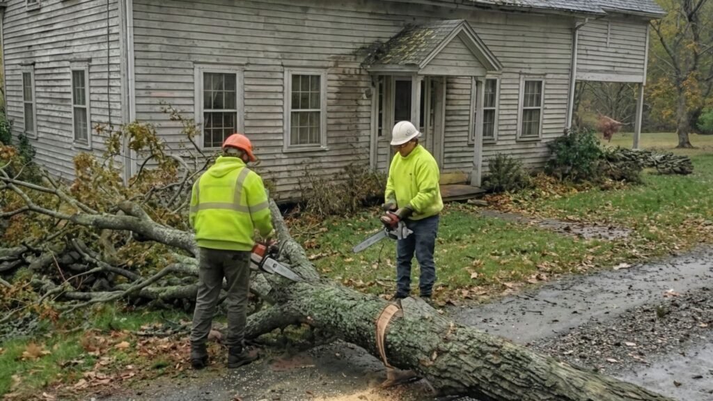 Professional crew performing emergency tree removal after storm damage
