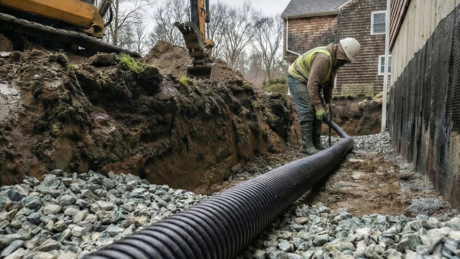 Contractor placing perforated drainage pipe in gravel trench beside residential foundation