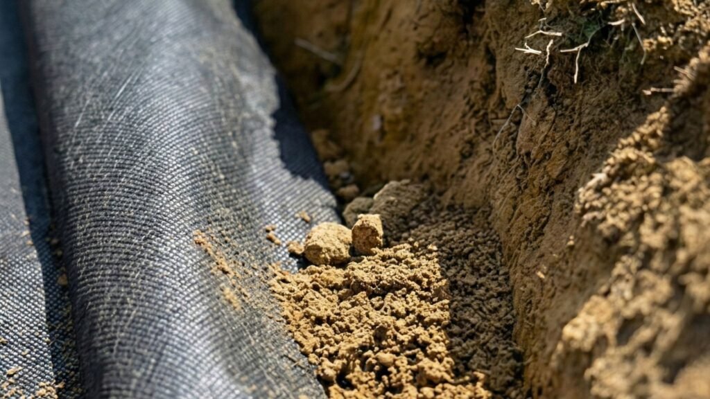 Drainage fabric lining trench wall for residential water control system