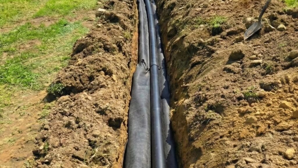 Perforated drainage pipe installed inside a geotextile lined trench on a sloped yard