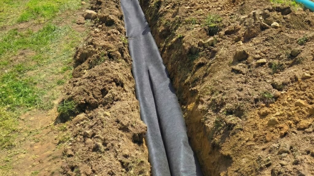 Geotextile lined residential drainage trench prepared for pipe placement