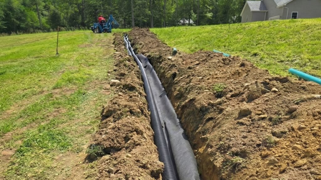 Residential yard drainage trench with perforated pipe and fabric wrapped system