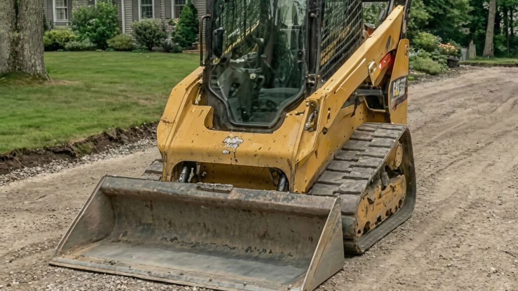 Compact track loader leveling and compacting gravel base on a residential driveway