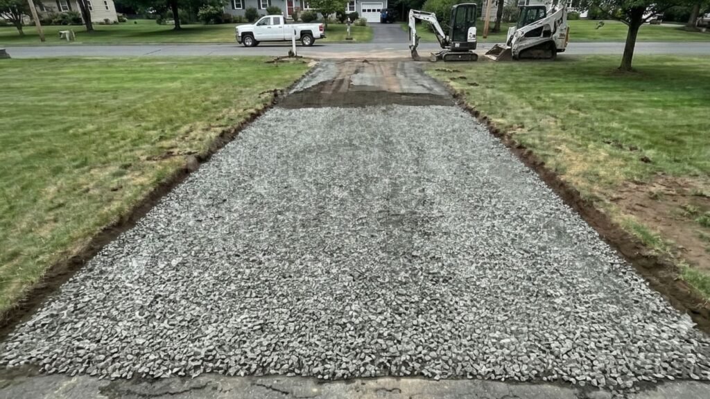 Gravel driveway base installed between lawn edges leading to a residential road