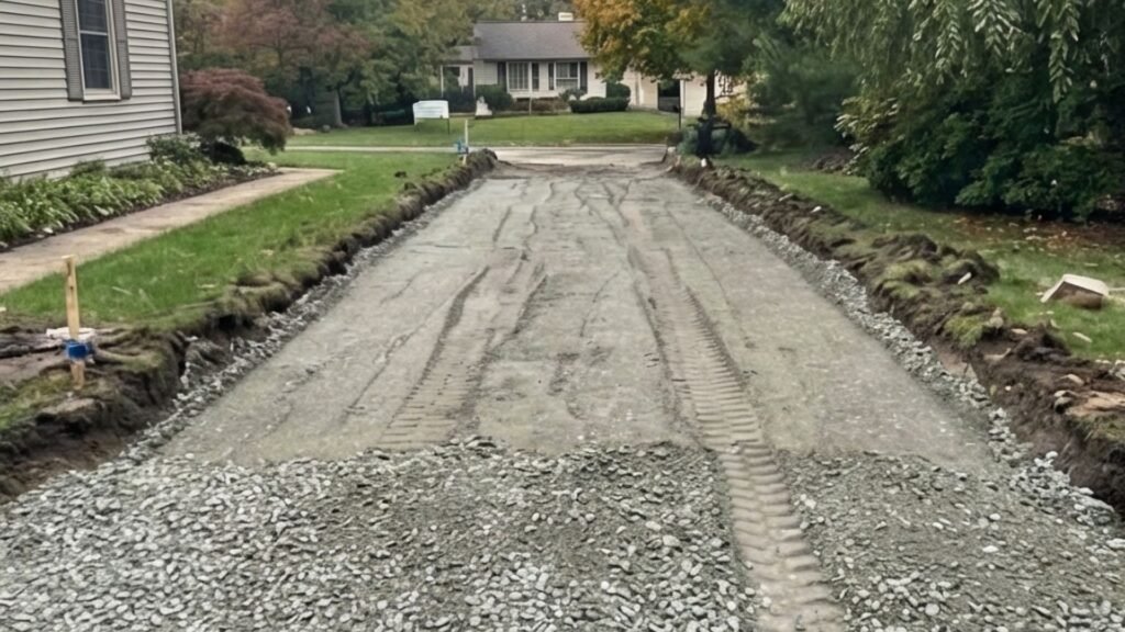 Gravel driveway base leveled and compacted during residential driveway installation