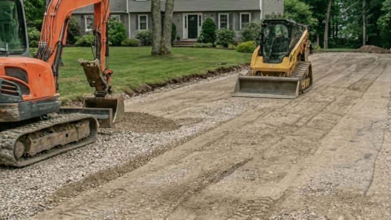 Residential driveway with gravel base being graded and leveled during installation