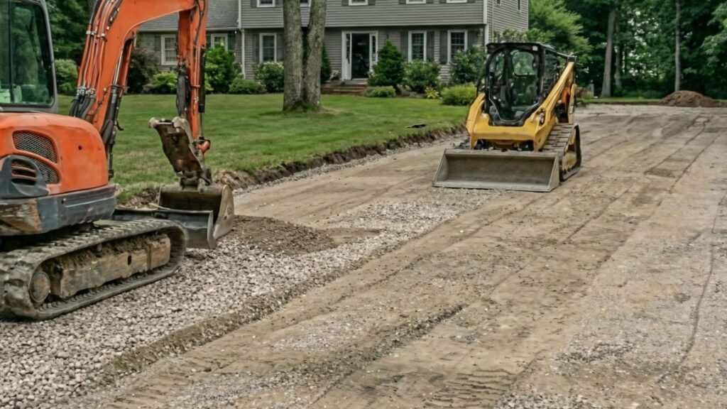 Multiple machines grading and leveling a gravel driveway base on a residential property