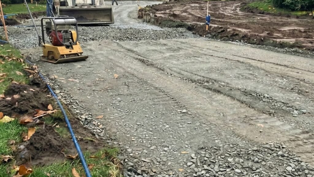 Gravel driveway base being compacted with plate compactor during residential preparation