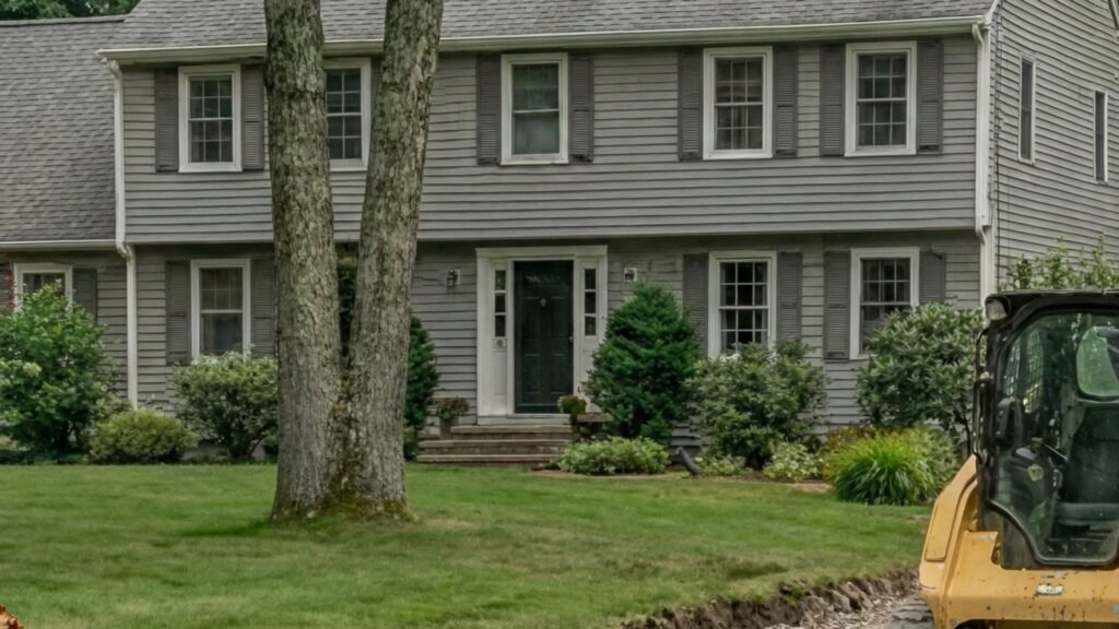 Residential home with driveway excavation in progress and compact equipment on site