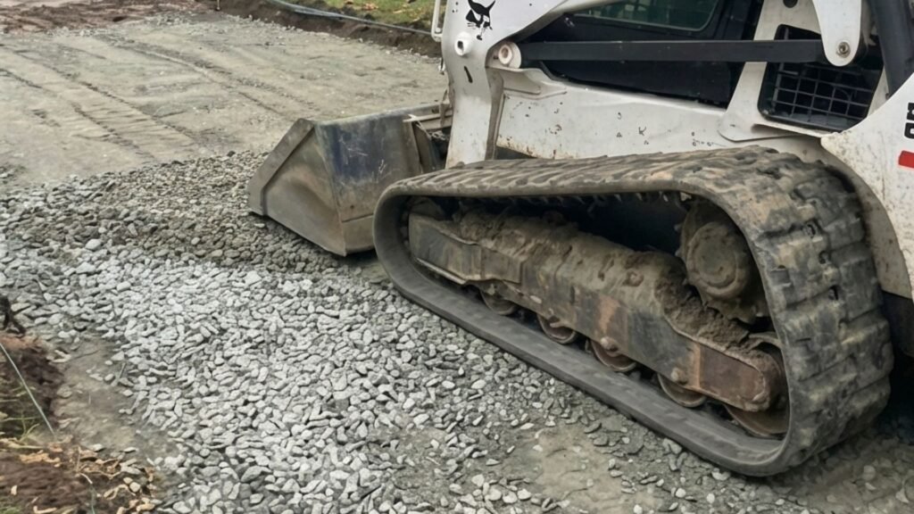 Compact track loader spreading and leveling gravel base on a residential driveway