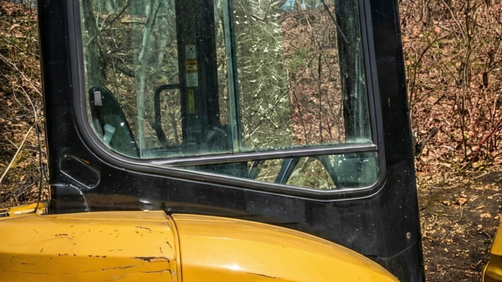 Close up view of compact excavator cab during residential excavation work