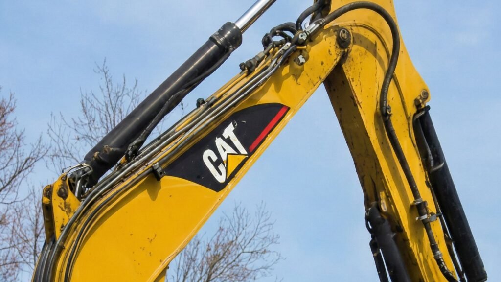 Compact excavator arm and bucket raised during residential excavation work