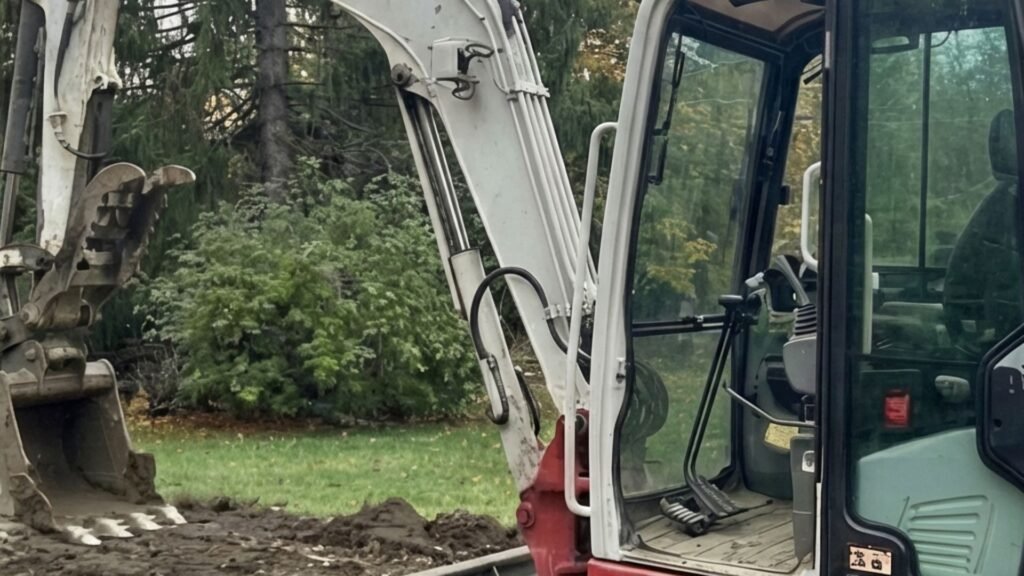 Compact excavator performing residential yard excavation near trees and landscaping