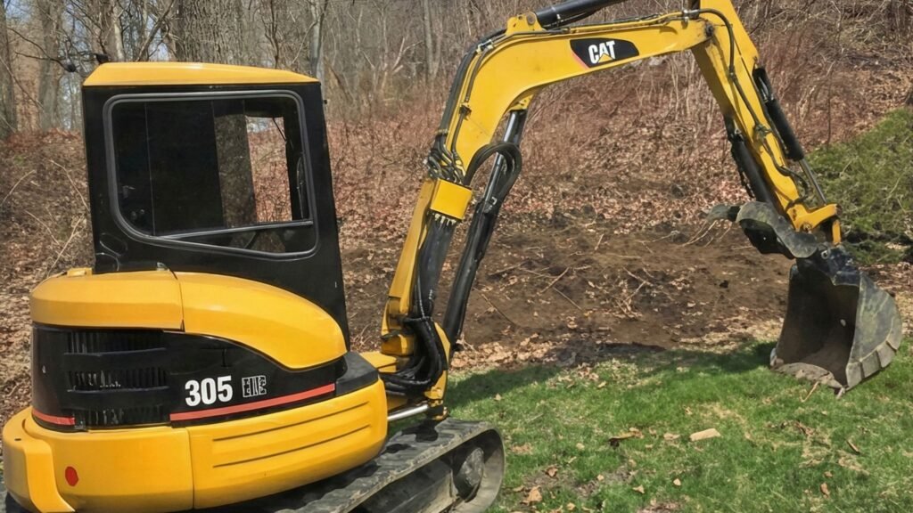 Compact excavator performing trench excavation on a residential lawn