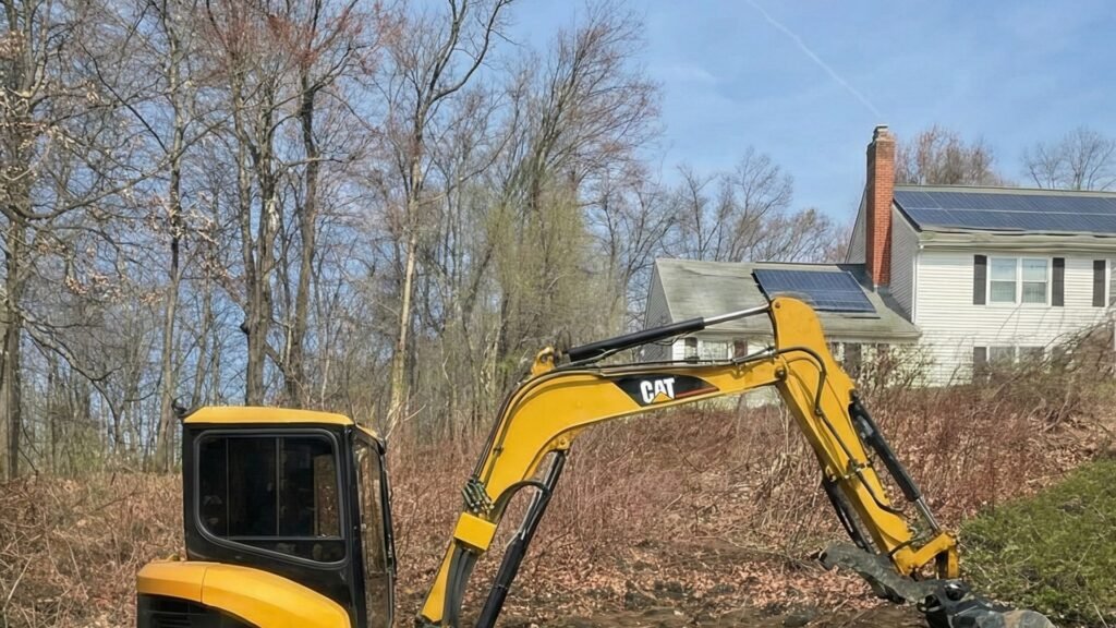 Compact excavator digging soil on a sloped residential yard near a home