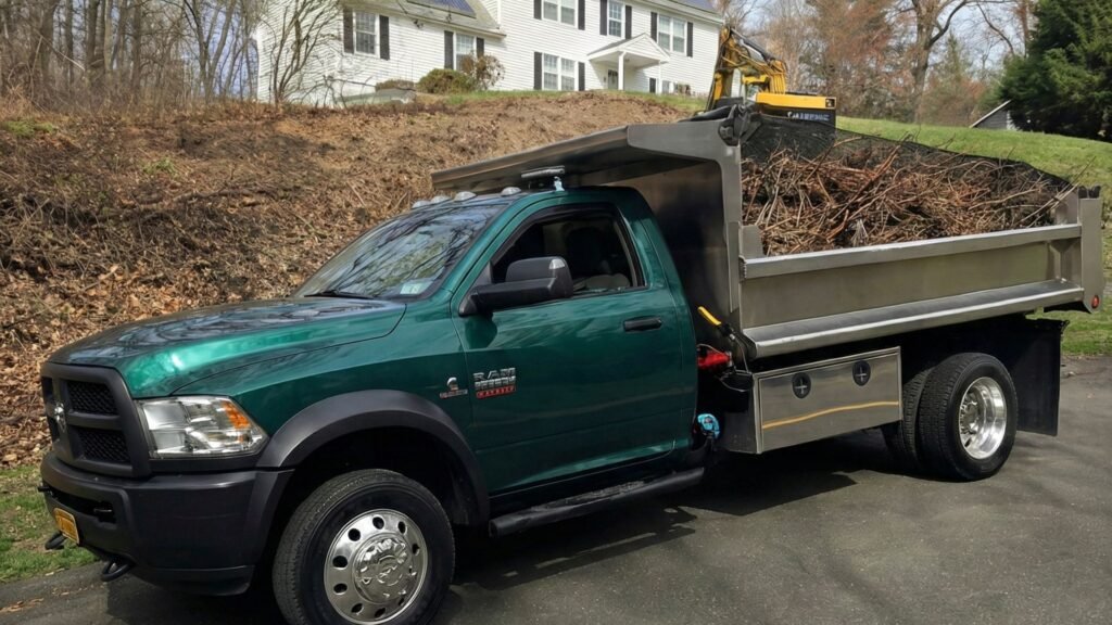 Dump truck loaded with excavated soil parked on a residential street during site work