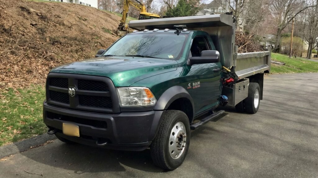 Residential dump truck staged on a street during active excavation cleanup