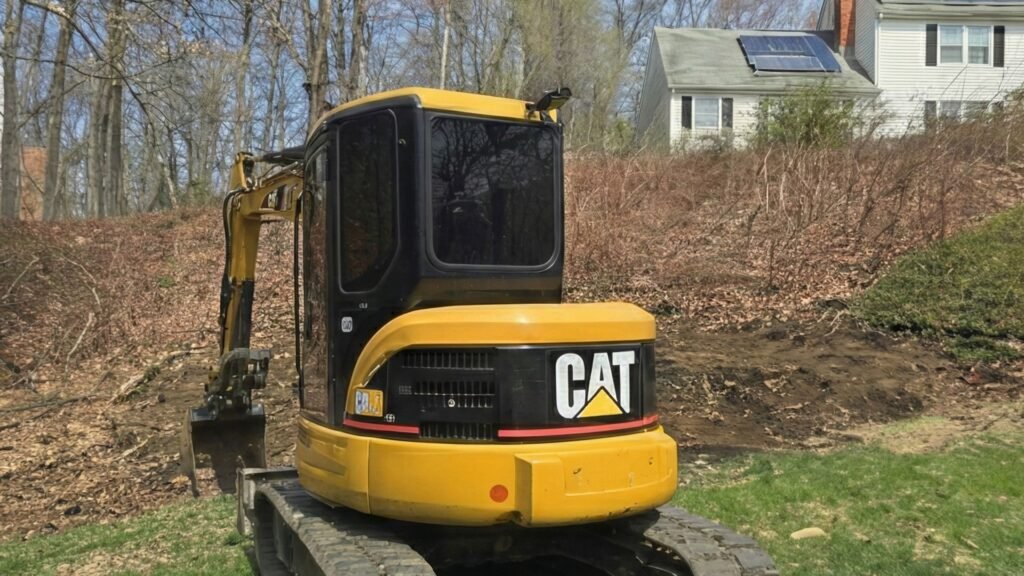 Compact excavator positioned on residential lawn during active excavation work
