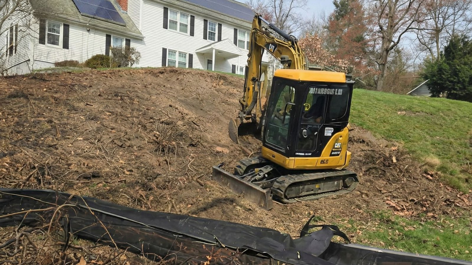 Compact excavator working on a sloped residential yard during excavation and grading